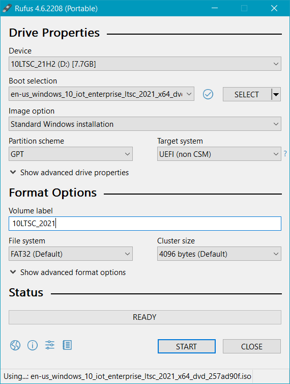 Screenshot of how Rufus will look after configuring it according to the above steps