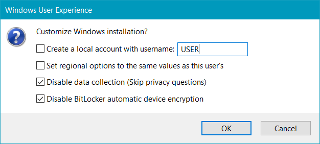 Screenshot of Rufus's "User experience" window, with my preferred settings