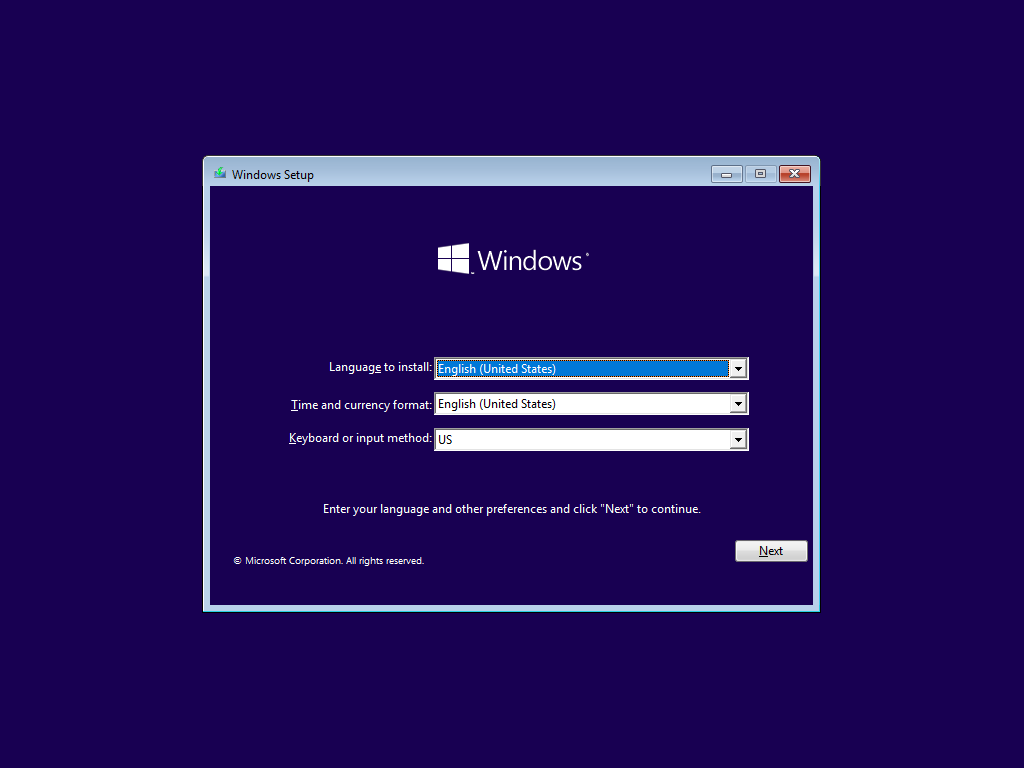 Screenshot of Windows 10's first Setup screen